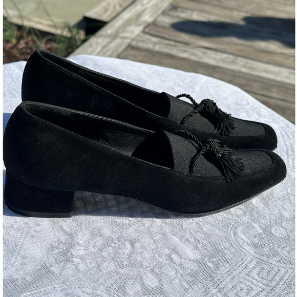 Ferragamo Black Suede "Poker" Tassel Block Heel Pumps Box - Y2K Vintage (Size 7) - Picture 7 of 7